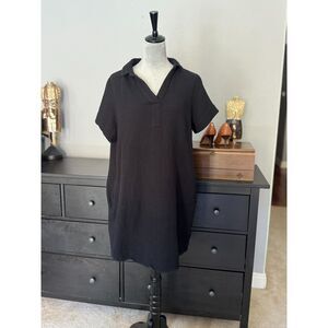Three Dots Black Gauze Dress Oversized Shift Tunic Pockets Collared Minimalist L